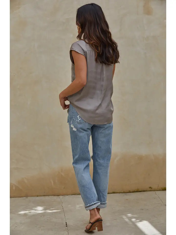 Woven Polyester Satin Sleeveless Button Down Top