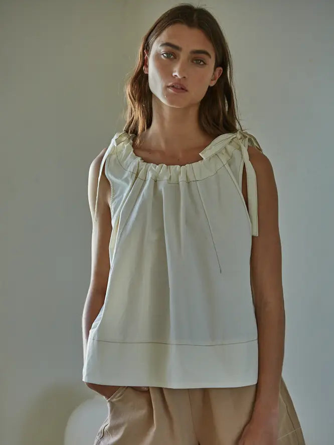Woven Cotton Round Neck Tie Strap Sleeveless Top