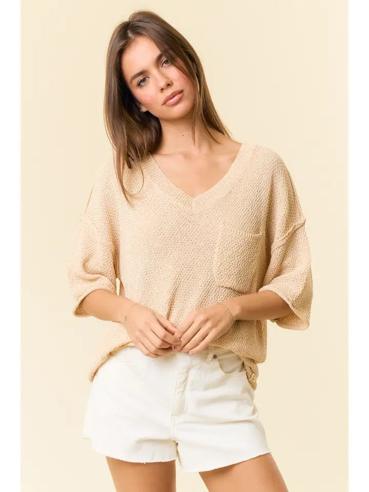 V-Neck Dropped Short Sleeve Exposed Seam Sweater