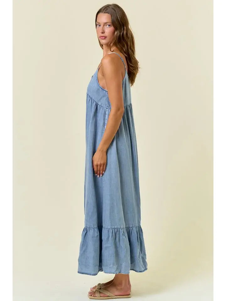 Tencel Chambray Tiered Ruffled Skirt Midi Dress