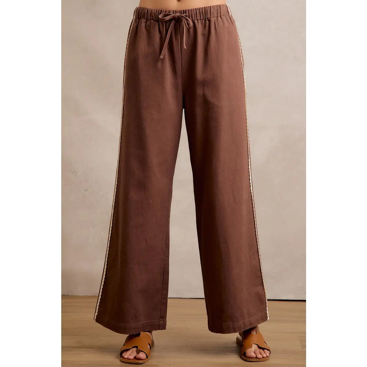 Side Lace Trim Cotton Denim Wide Leg Pull On Pants