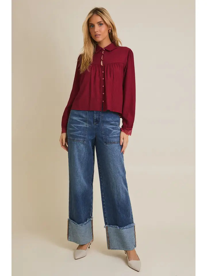 Long Sleeve Lace Trim Detail Button Up Shirt