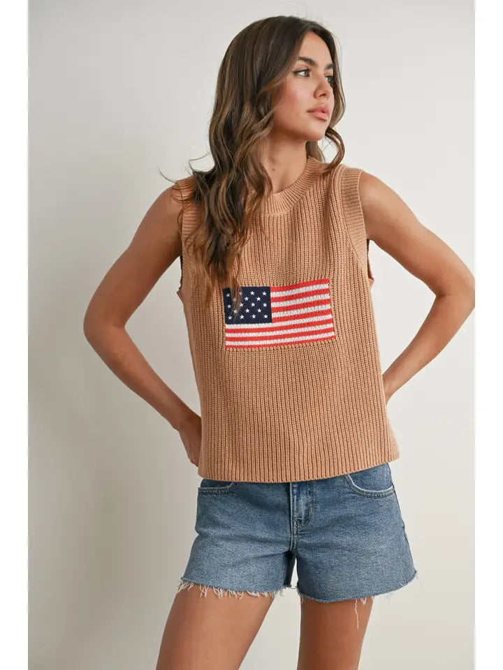 Flag Print Knitted Sleeveless Sweater