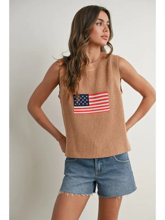 Flag Print Knitted Sleeveless Sweater