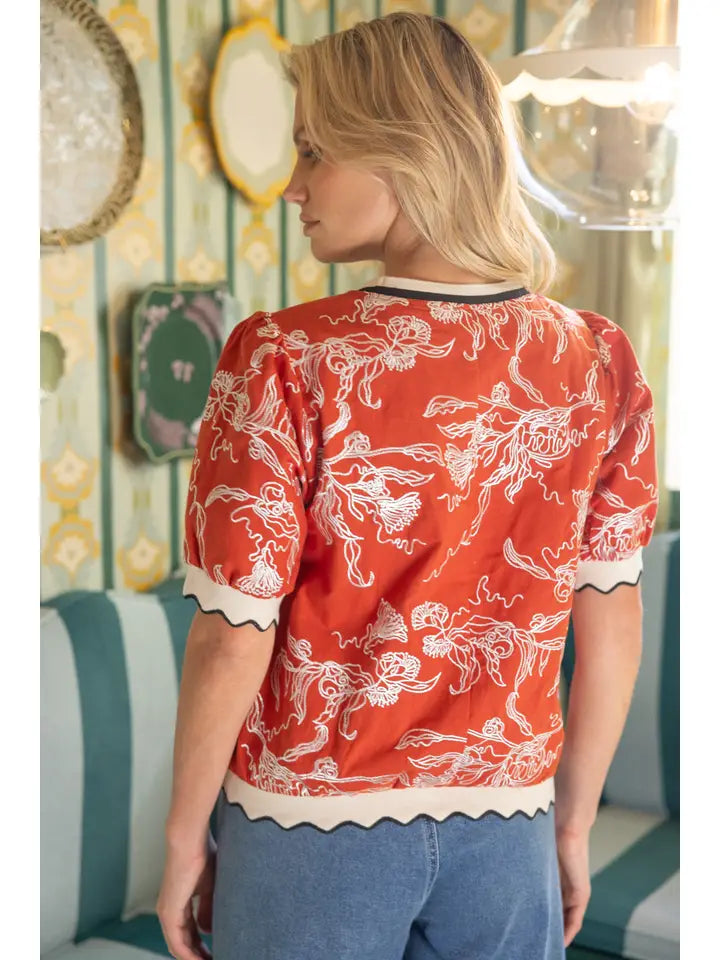 Abstract Floral Embroidered Scalloped Band Top