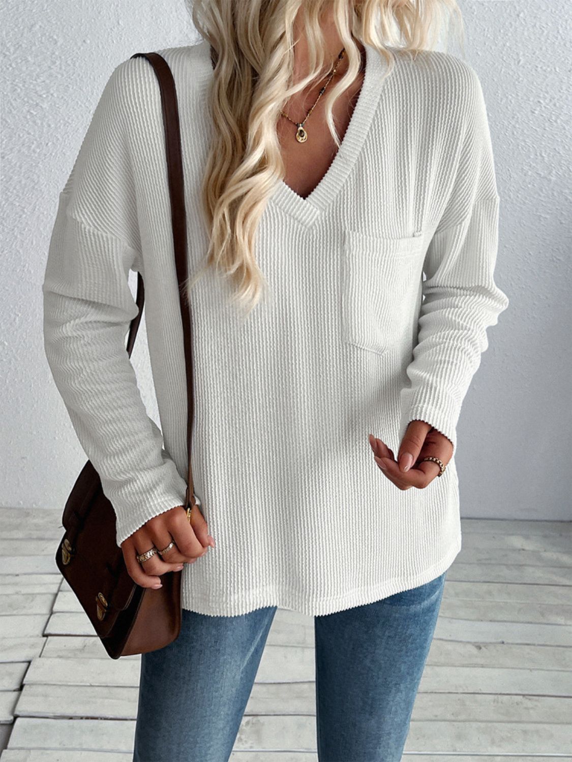 Pre Order Double Take Pocketed Textured V-Neck Long Sleeve T-Shirt