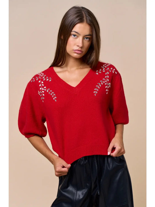 Peplum Sleeve Embroidered Leaves Sweater