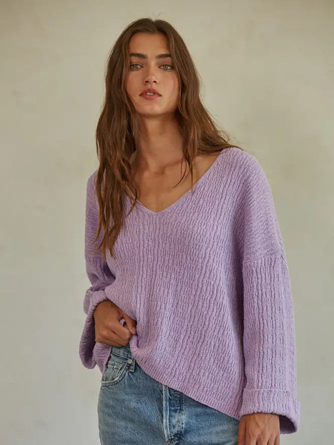 Knit Sweater Acrylic Nylon Cotton V-Neck Pullover
