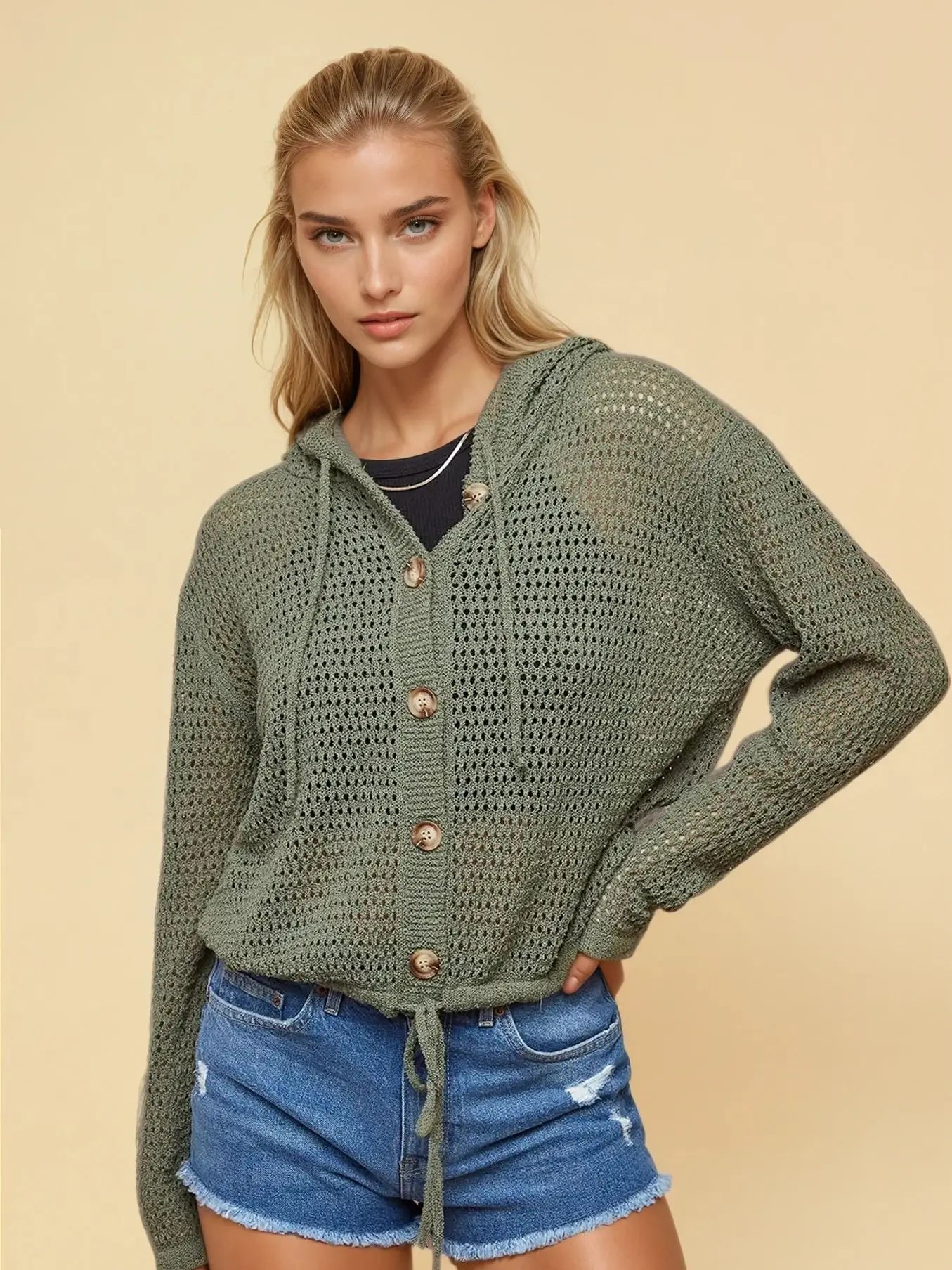Fisher Net Hoodie Cardigan with Big Wooden Button -