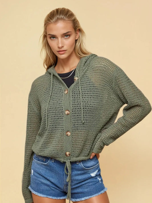 Fisher Net Hoodie Cardigan with Big Wooden Button -