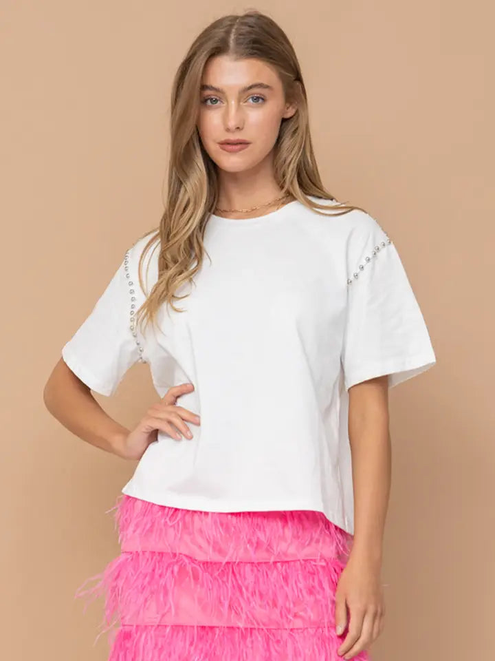 Cotton Studded Short Sleeve Crop Tee