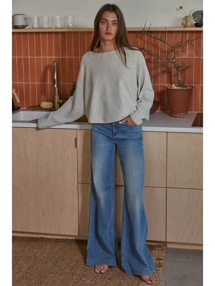 Knit Ribbed Round Neck Long Sleeve Pullover Top