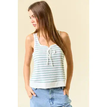 Stripe Rib Square Tie Front Sleeveless Top