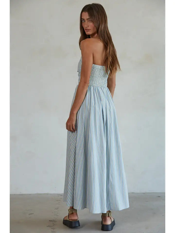Striped Tube Neck Strapless Flare Maxi Dress