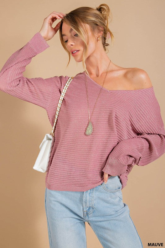 Soft Ribbed V Neck Dolman Top!
