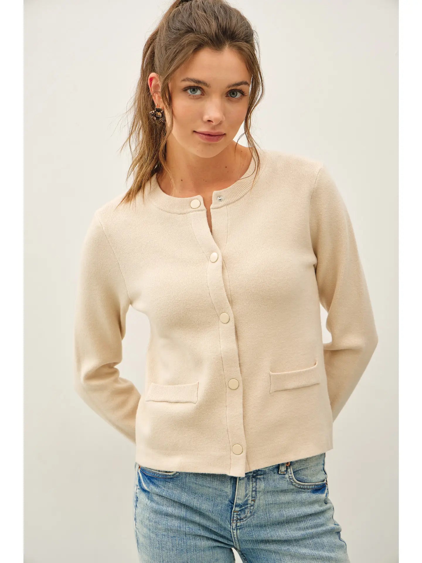 Classic Crewneck Snap Button Closure Cardigan