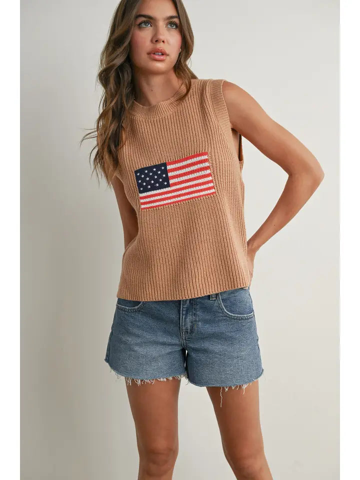 Flag Print Knitted Sleeveless Sweater
