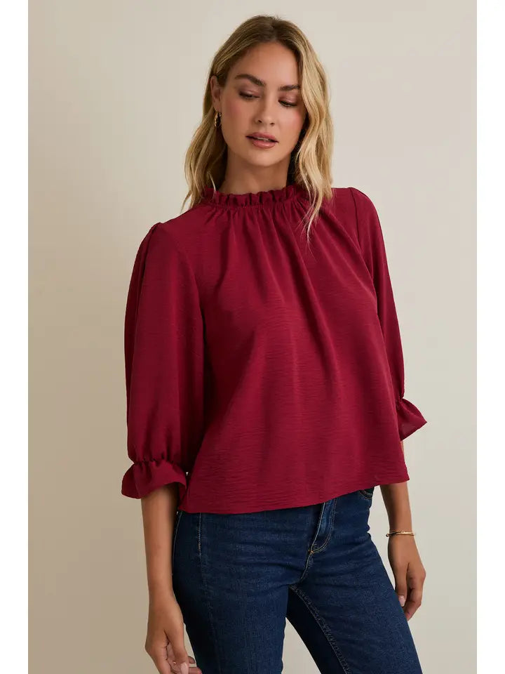 Ruffle Mick Neck 3/4 Sleeve Top