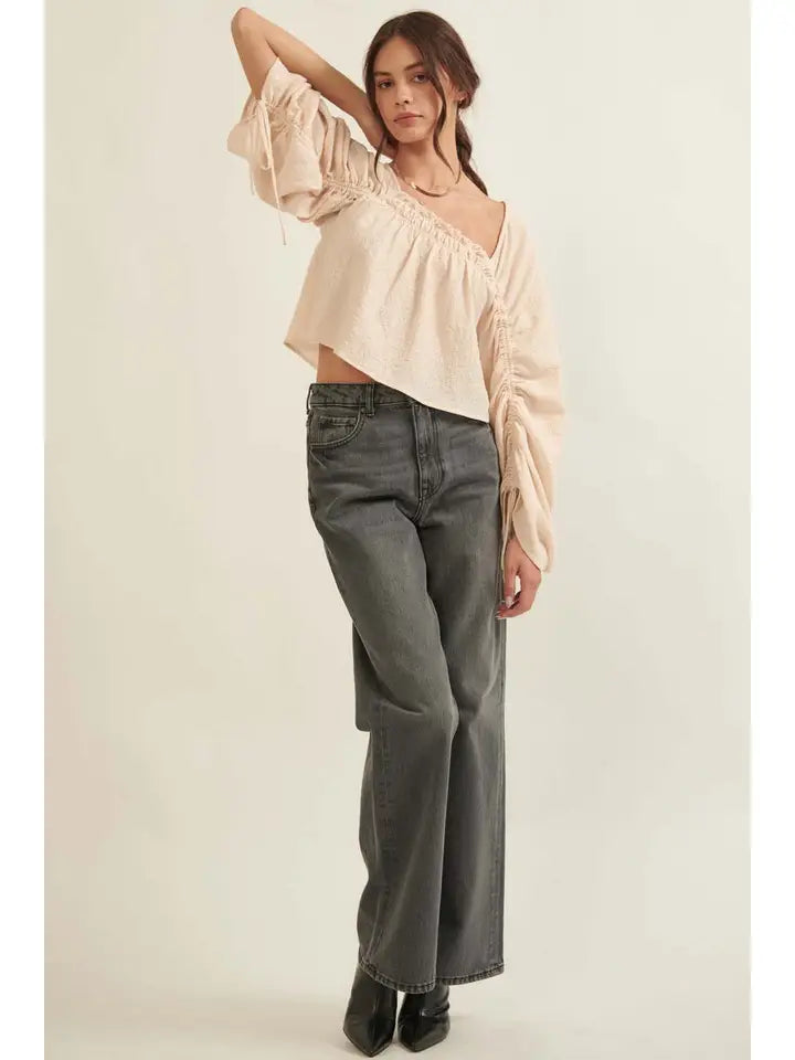 Woven Square Neck Drawstring Sleeve Peasant Blouse