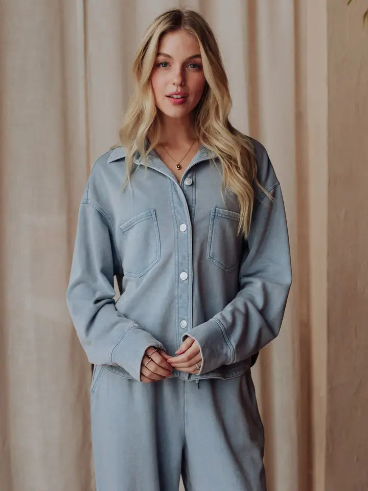 Lt. Blue Cropped Washed Soft Button Up