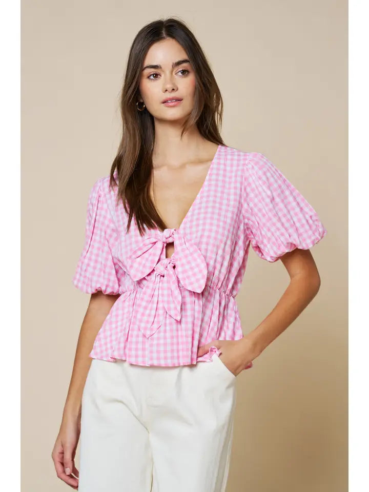 Gingham Front Tie Short Puff Sleeve Peplum Blouse