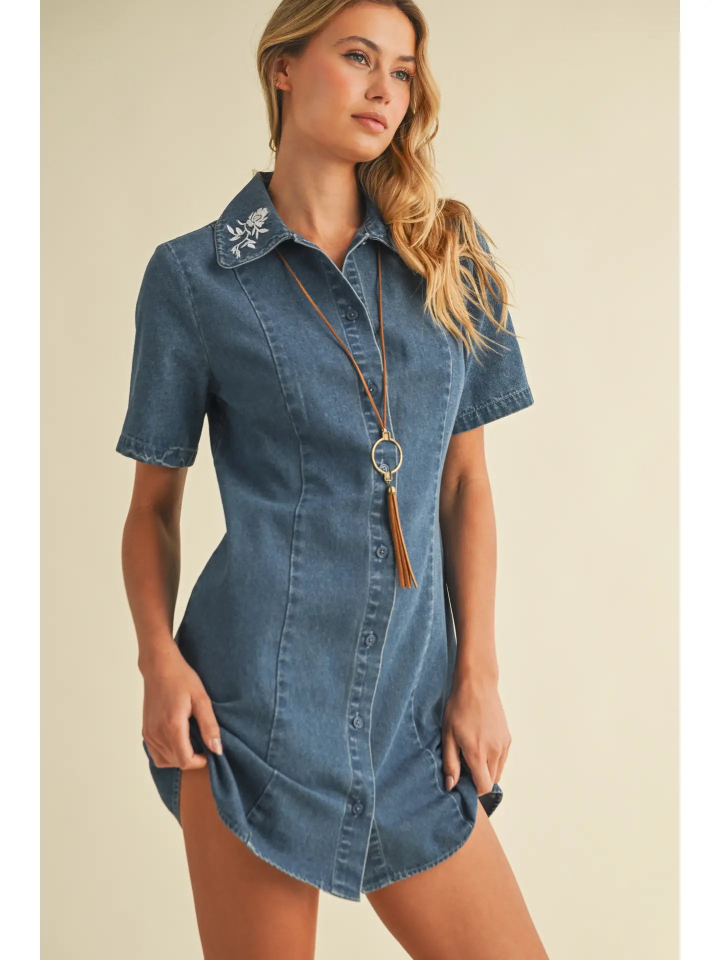 Embroidered Collar Denim Button Down Dress