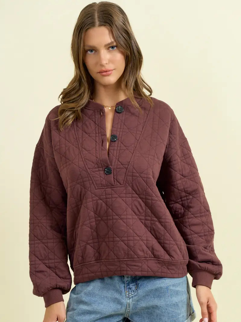 Quilted Jersey Button Front Sweatshirt