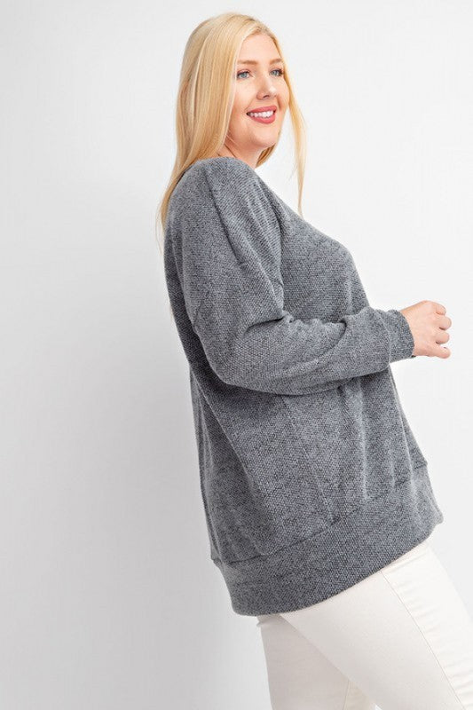 Curvy Two Tone Knit Top In Grey