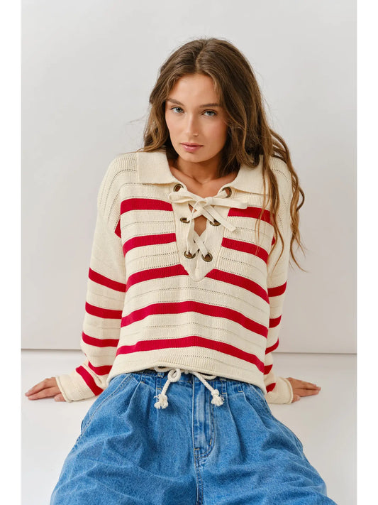 Lace Up Relexed Fit Stripe Sweater