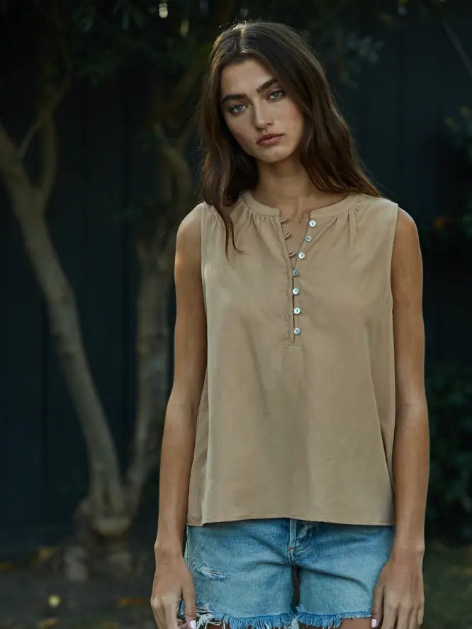 Woven Tencel Linen Half Button Down Sleeveless Top