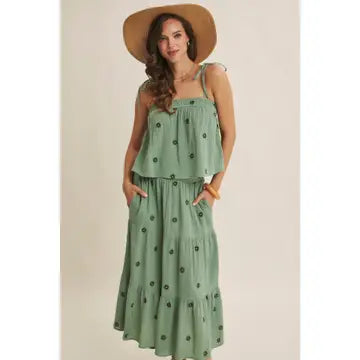 Sunset Field Embroidered Cotton Gauze Tank with Tie Straps