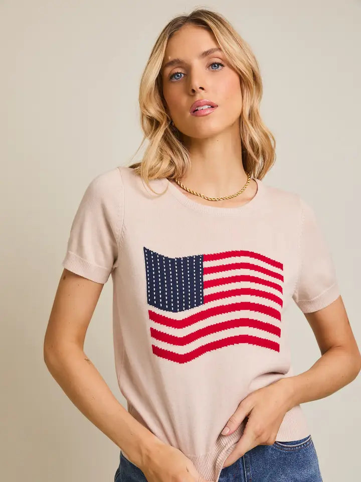 Round Neck Short Sleeve "USA Flag" Graphic Sweater Top