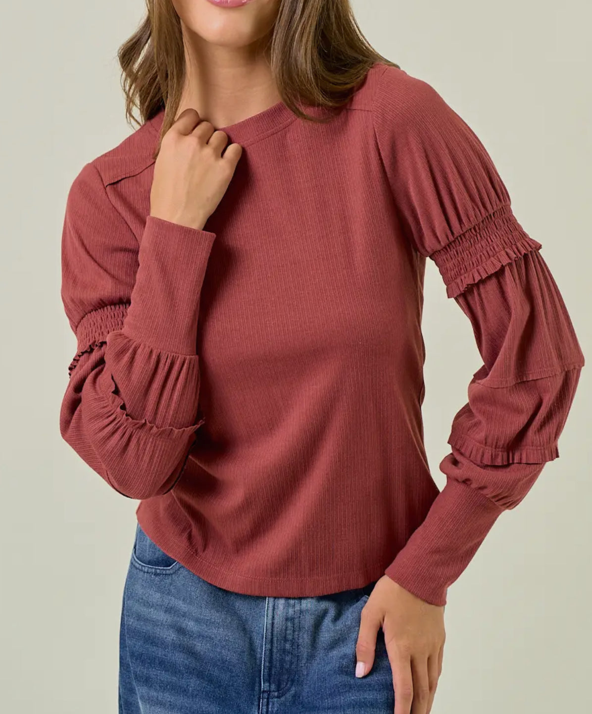 Round neck smocked sleeve top