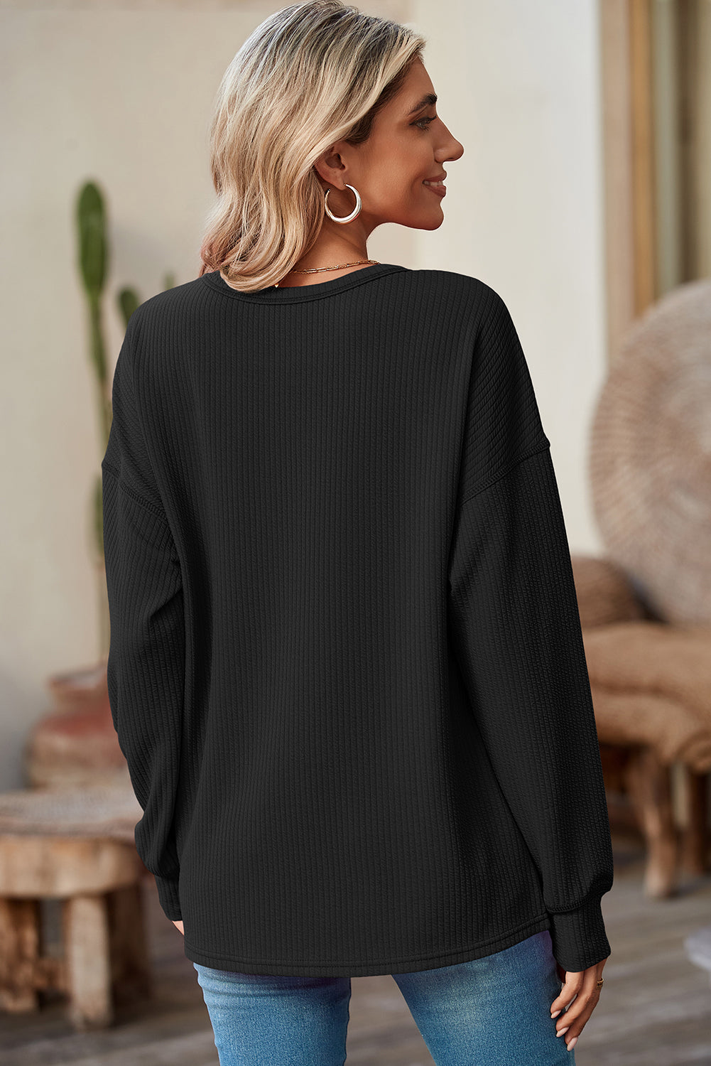 Pre-Order Black Pocketed Ribbed Long Sleeve Top