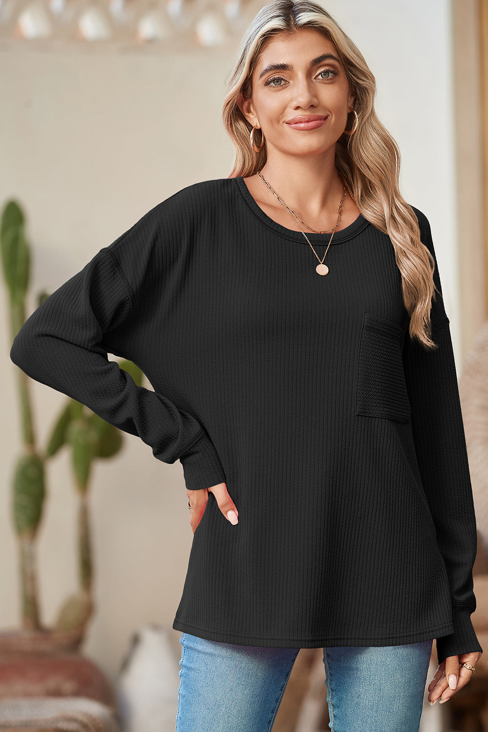 Pre-Order Black Pocketed Ribbed Long Sleeve Top