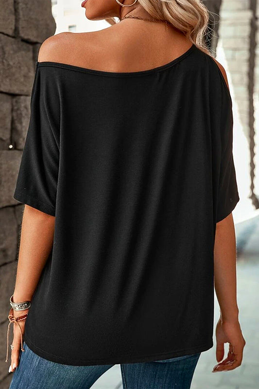 Pre-Order Black Solid Asymmetrical Neck Loose Casual T-Shirt