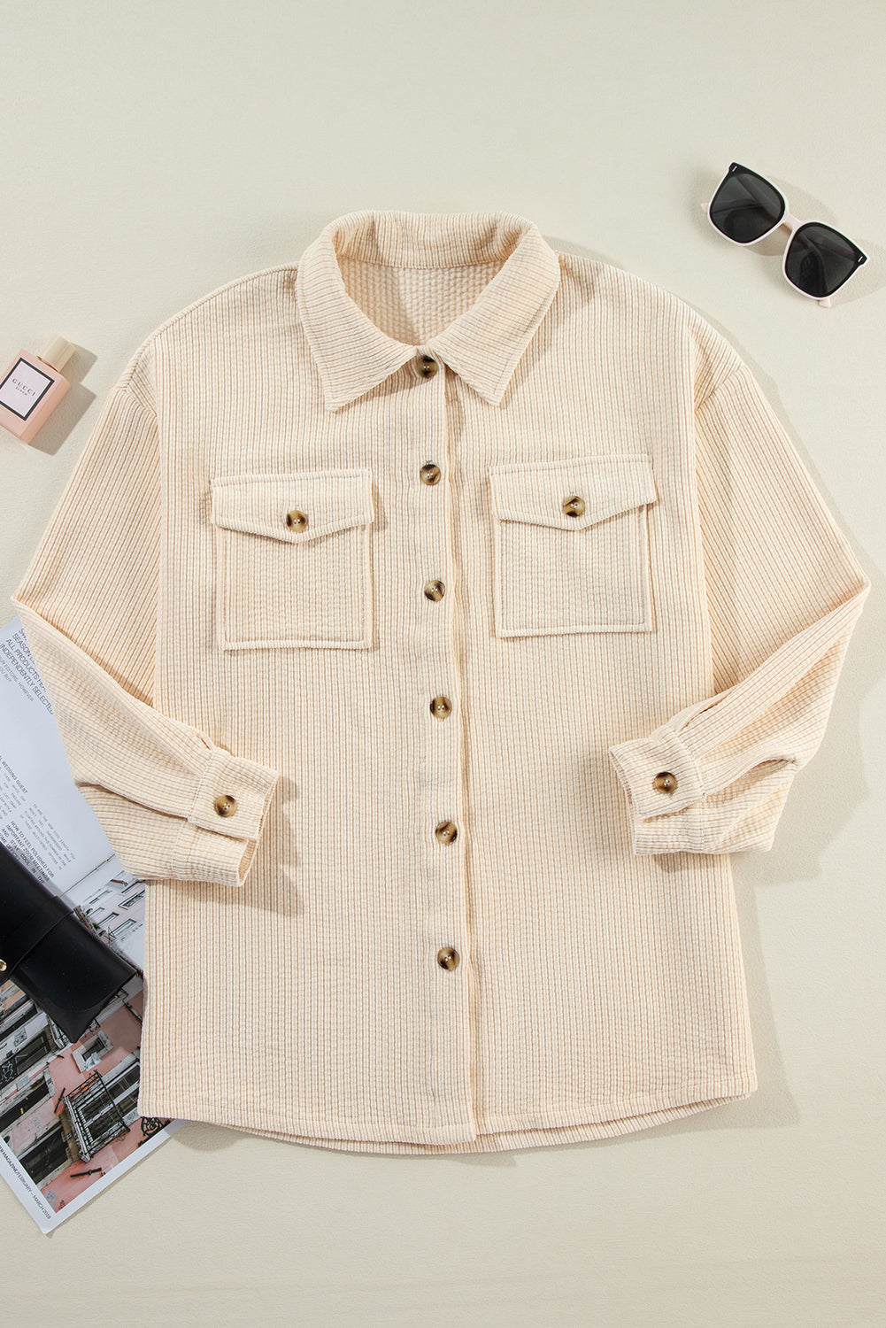 Pre-Order Oatmeal Corduroy Flap Pocket Button Up Shacket