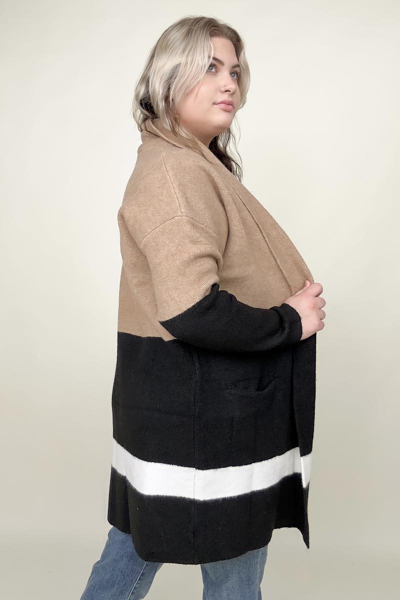 Latte Colorblock Cardigan With Patch Pockets