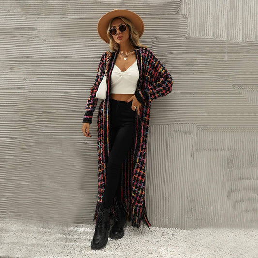 Multicolor Plaid Open Front Long Sleeve Fringed Maxi Cardigan