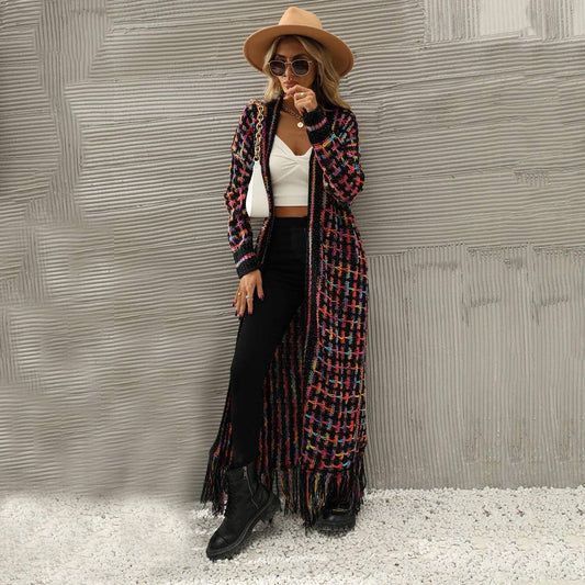 Multicolor Plaid Open Front Long Sleeve Fringed Maxi Cardigan