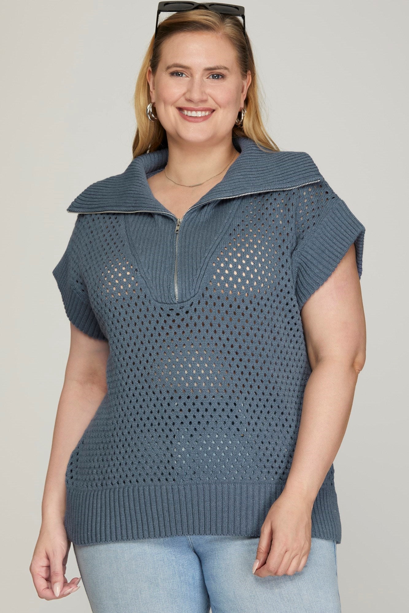 Drop Shoulder Half Zip-Up Sweater Top!