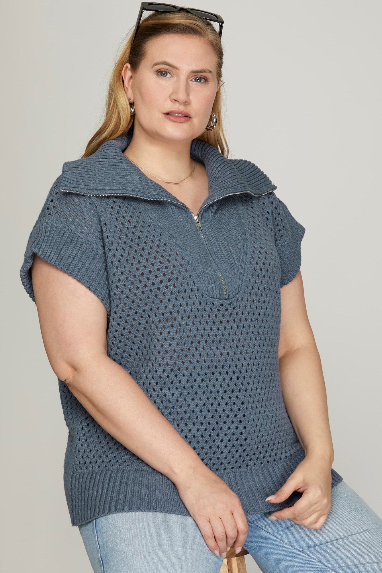 Drop Shoulder Half Zip-Up Sweater Top!