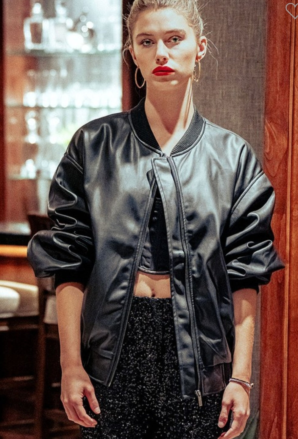 Loose fit leather bomber jacket