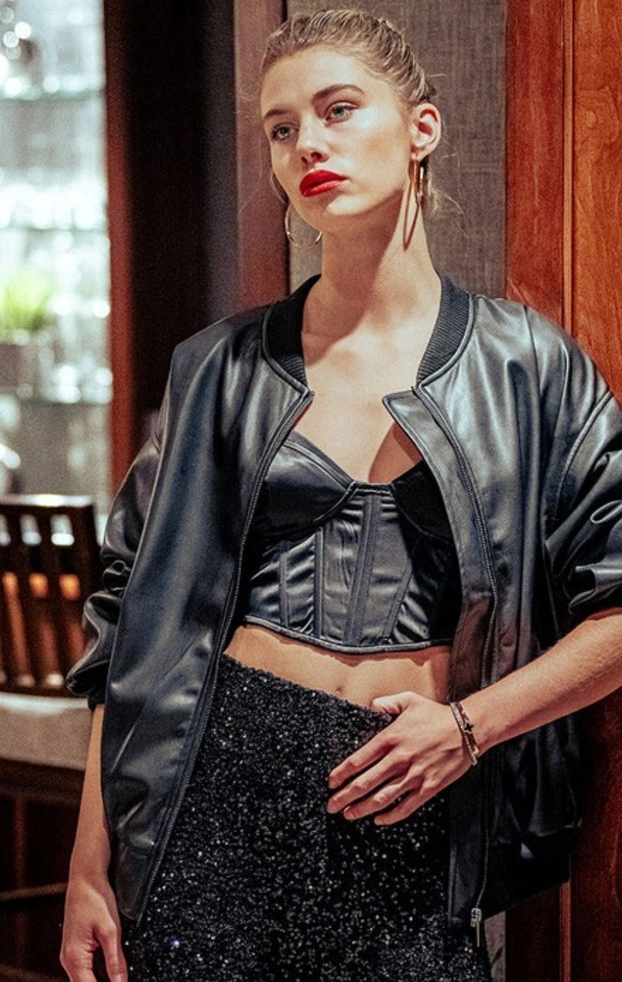 Loose fit leather bomber jacket