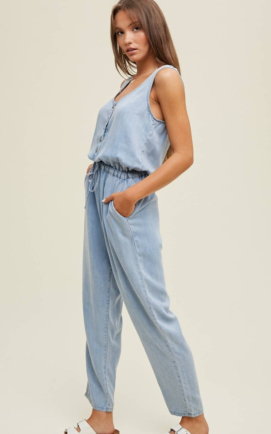 Washed Tencel Button-Up Tank Jumpsuit