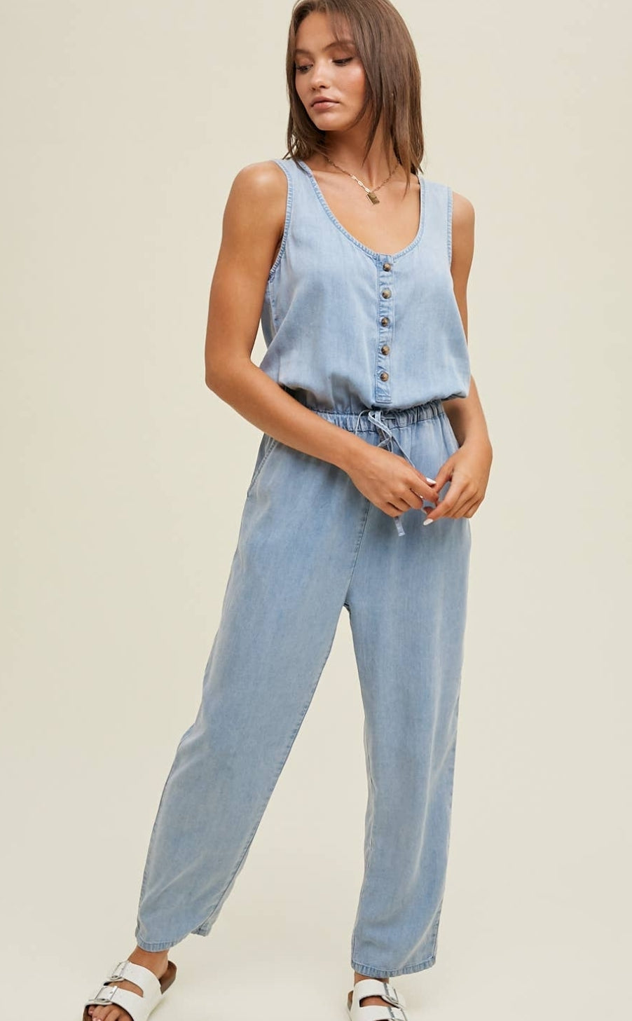 Washed Tencel Button-Up Tank Jumpsuit