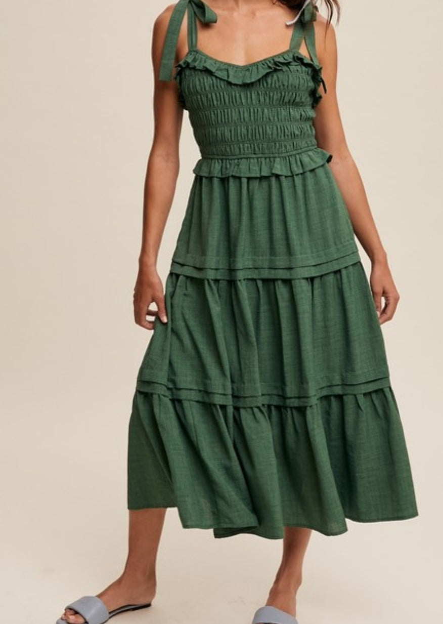 Ruffled and tiered midi dress