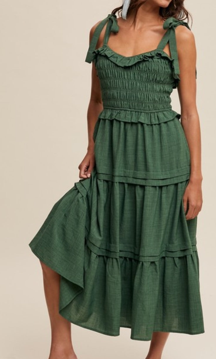 Ruffled and tiered midi dress