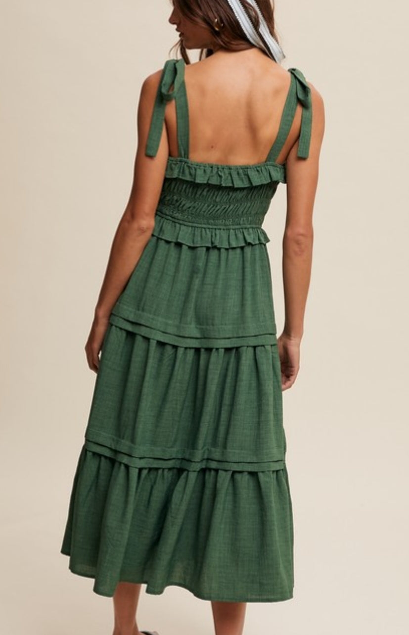 Ruffled and tiered midi dress