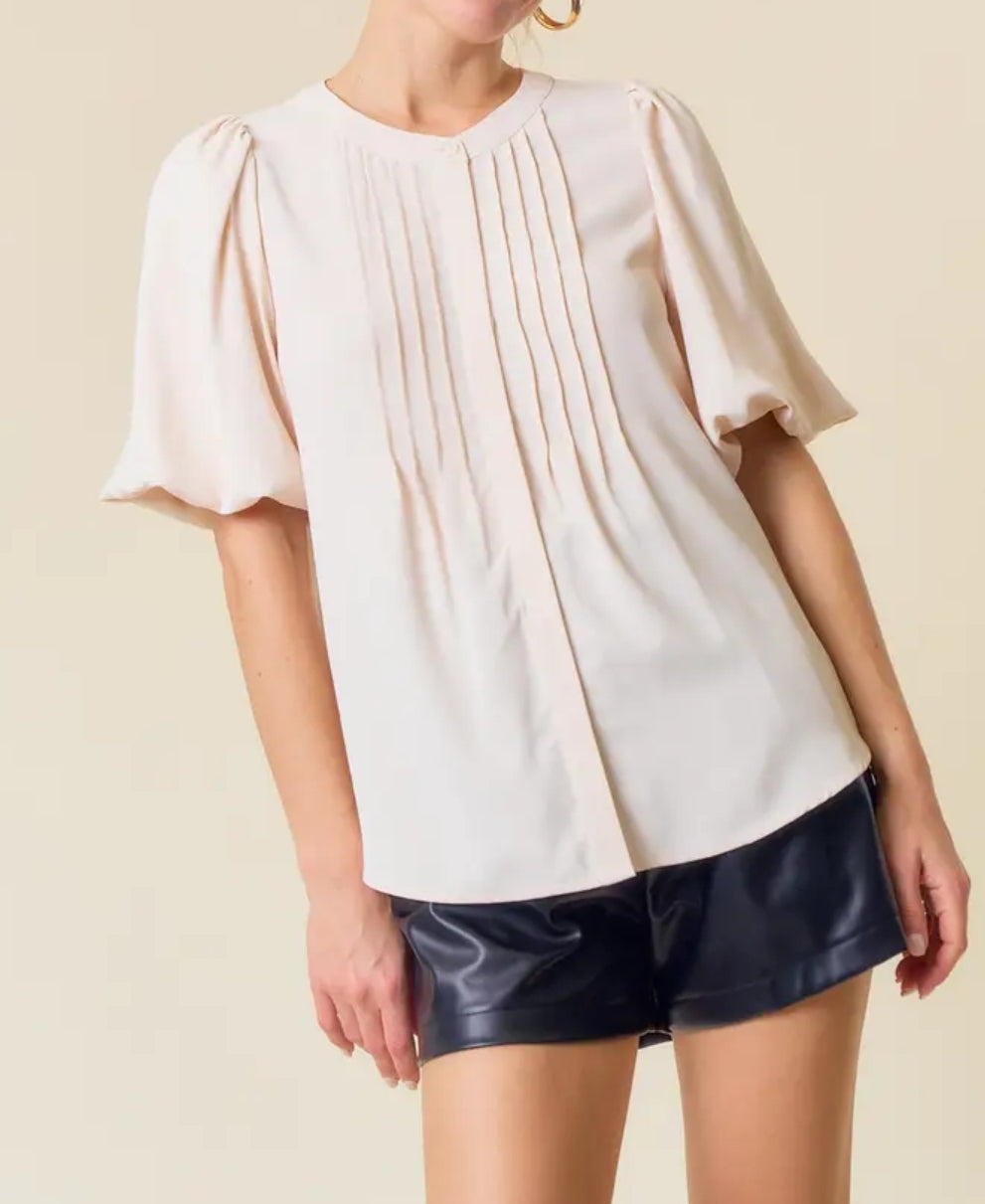 Bubble Short Sleeve Pintuck Button Down Blouse